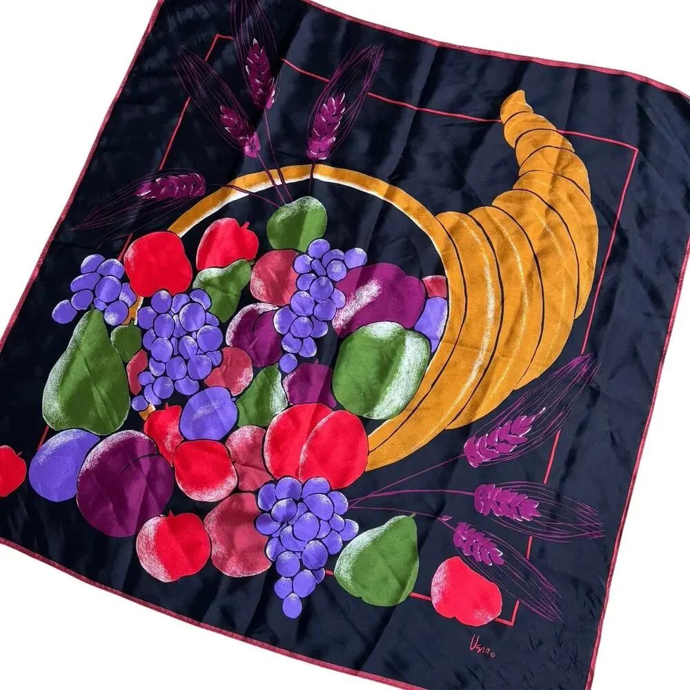 Mod VERA silk scarf cornucopia on black red blue green fruit square 29